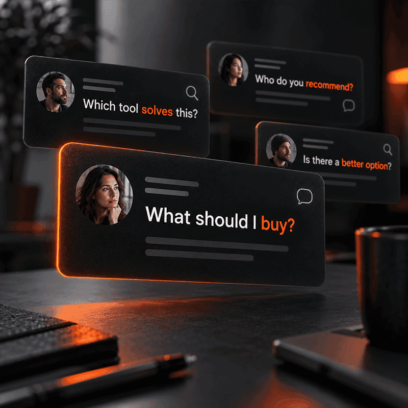 BuyerEngine AI concept showing online buyers asking which product or tool they should purchase