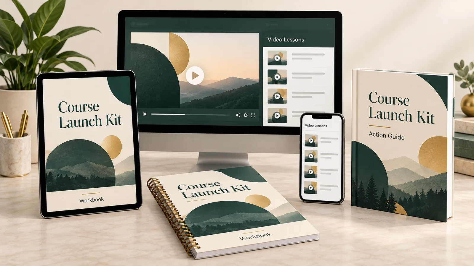 Illustrative course bundle with video lessons on desktop and phone, a tablet workbook, spiral workbook and action guide