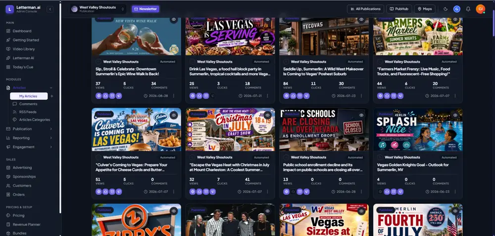 Local Media Empire article dashboard showing AI-assisted local stories with views, clicks and comments