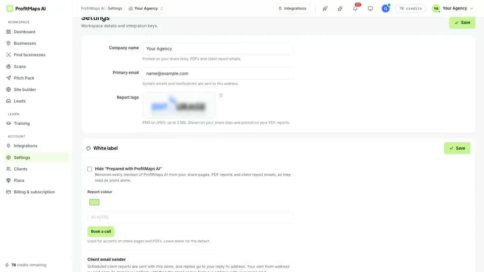ProfitMaps AI vendor Pro settings showing report branding and software attribution controls