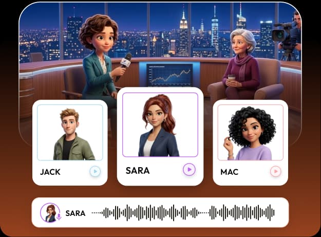 Official RocketToons voice feature illustration with cartoon speakers Jack, Sara and Mac and a sample waveform