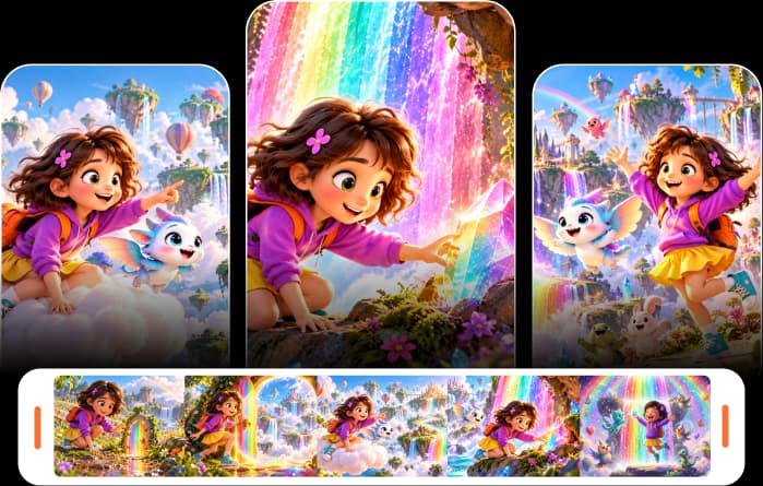 Official RocketToons character-continuity illustration showing the same girl and companion across several colorful cartoon scenes