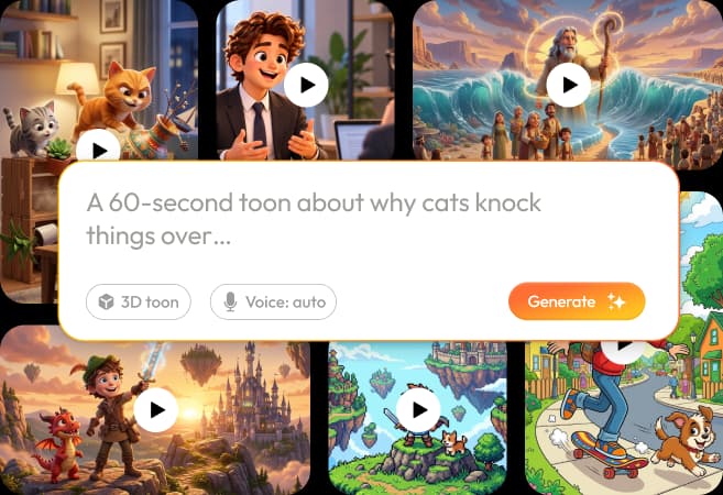Official RocketToons illustration of a one-sentence cartoon idea surrounded by example story scenes and a generation prompt
