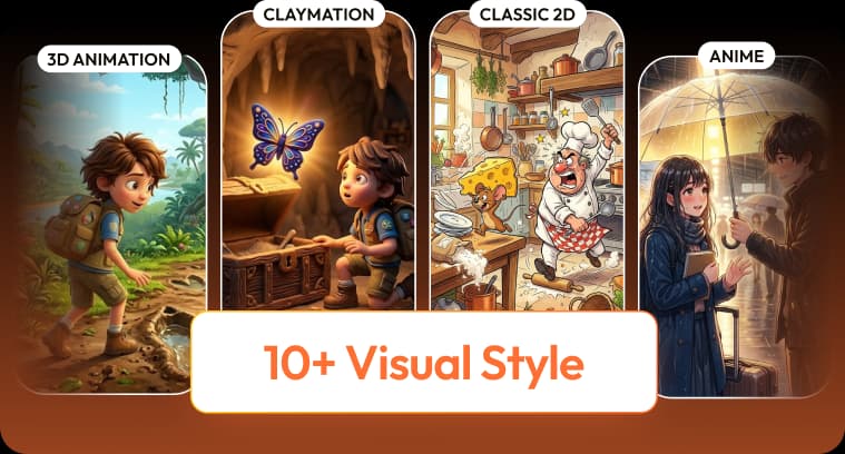 Official RocketToons promotional examples comparing dimensional animation, clay-like characters, classic 2D and anime-style artwork