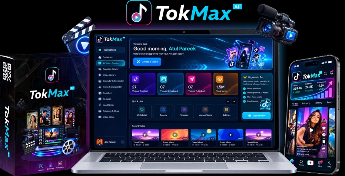 TokMax AI promotional interface showing the dashboard, AI video creator, content library, scheduler, analytics, and mobile TikTok content