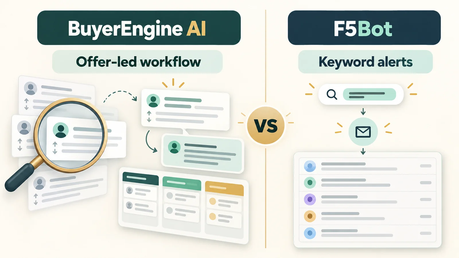 Editorial illustration contrasting BuyerEngine AI conversation research, reply and tracking workflow with F5Bot keyword alerts