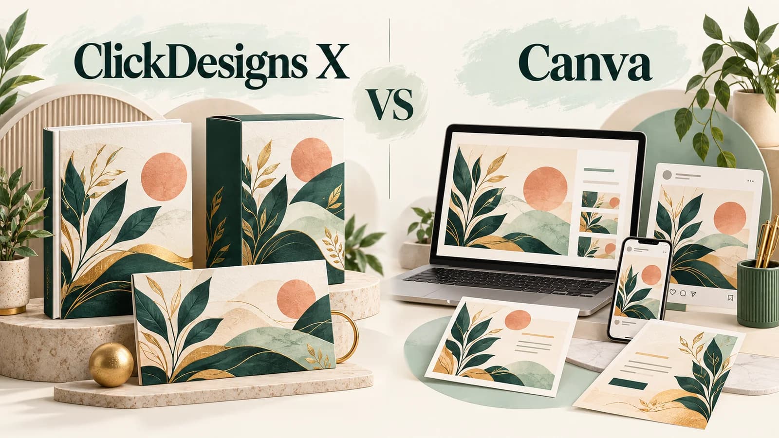 Editorial illustration of ClickDesigns X marketing mockups beside Canva-style presentations, social posts and flyers, using the same botanical design