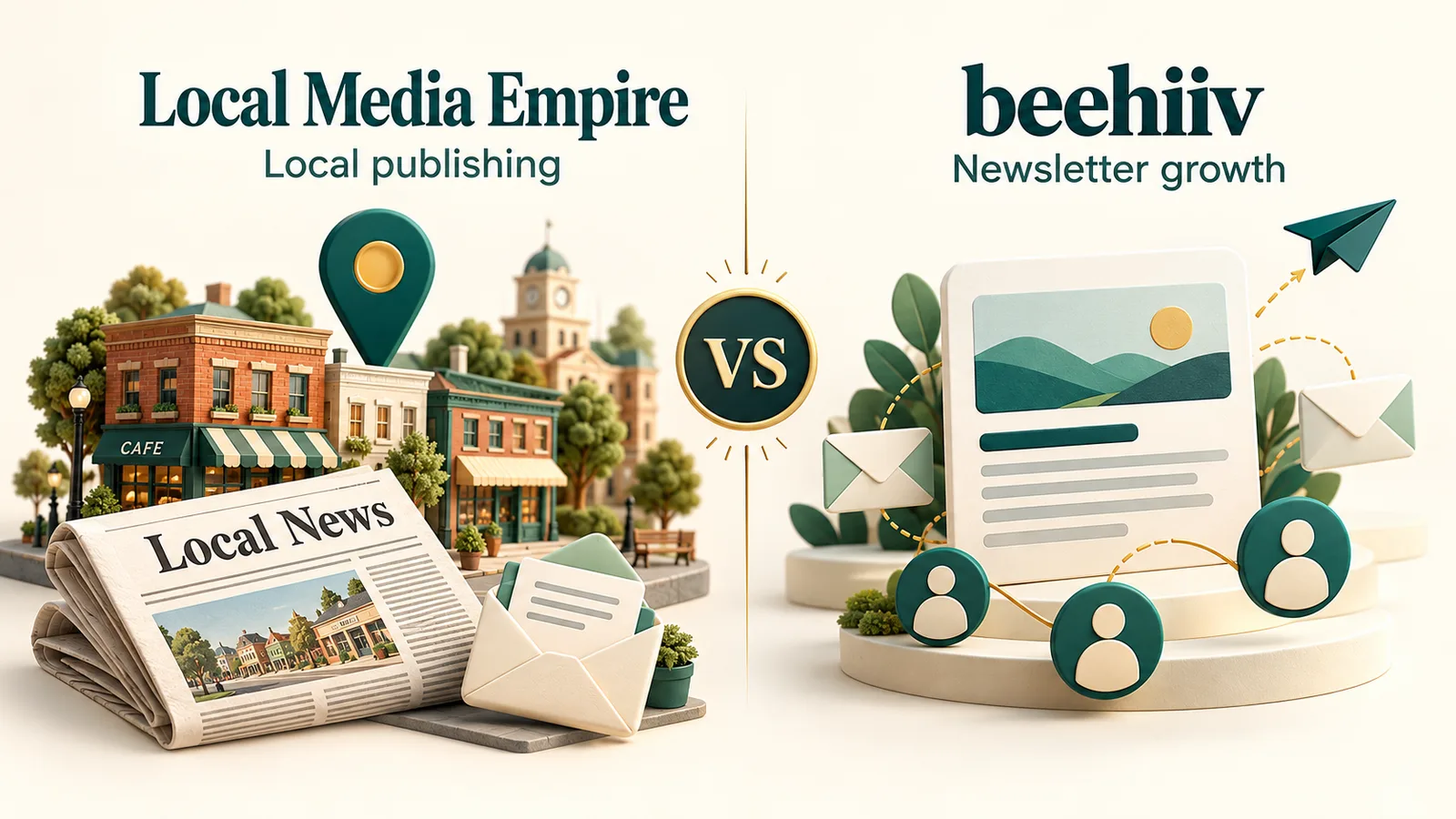 Editorial illustration comparing a local town publication and newsletter with a newsletter audience-growth workflow