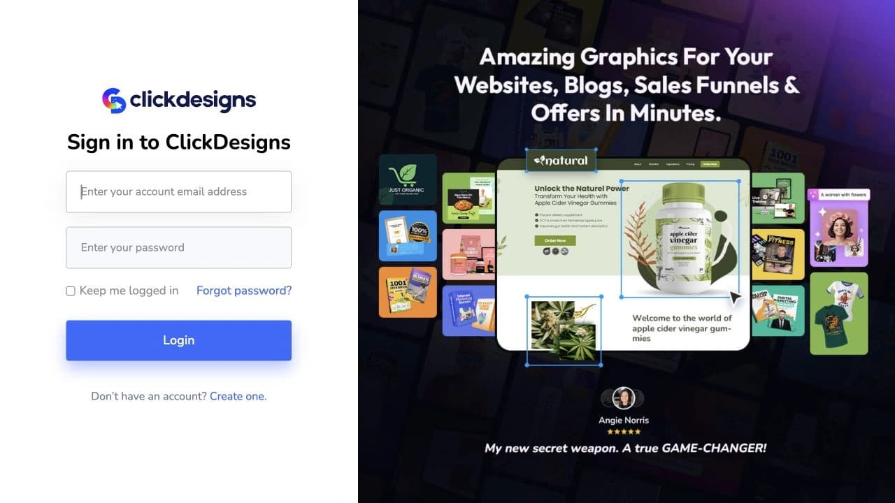 ClickDesigns official login portal interface showing account email and password fields, Forgot password link and Login button