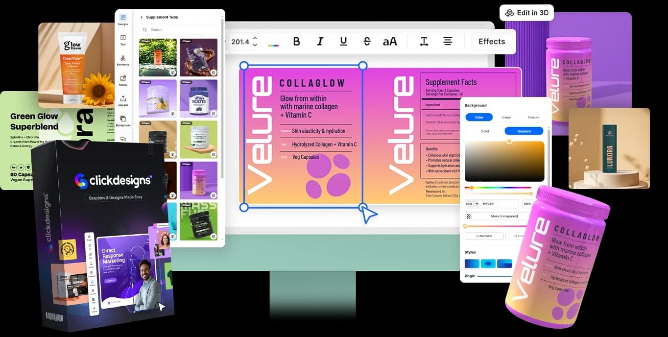 ClickDesigns X promotional collage showing its design editor, product labels and mockup examples