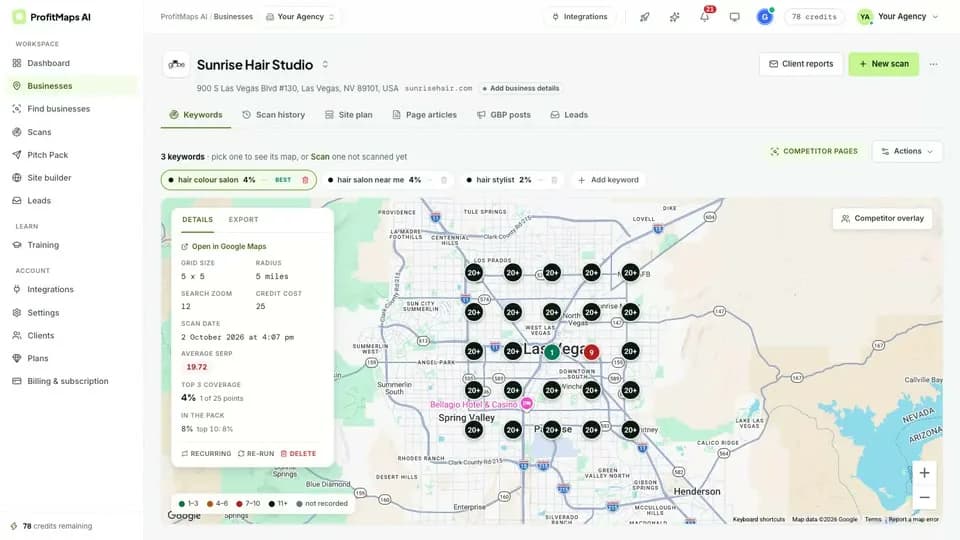ProfitMaps AI vendor map showing rank values across multiple geographic points around a business