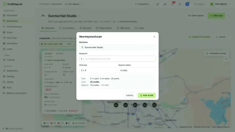 ProfitMaps AI vendor scan settings showing a 5 by 5 grid, radius field and credit-cost preview