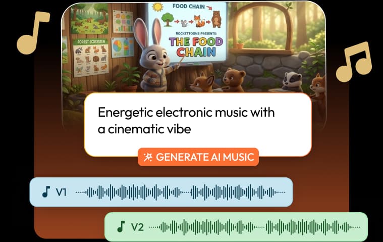 Official RocketToons music-composer illustration showing a cartoon lesson, a musical mood prompt and alternative soundtrack waveforms