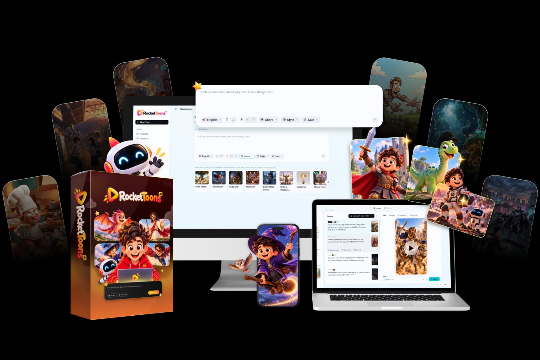 Official RocketToons promotional composition showing the cartoon creation interface, product artwork and example animated characters