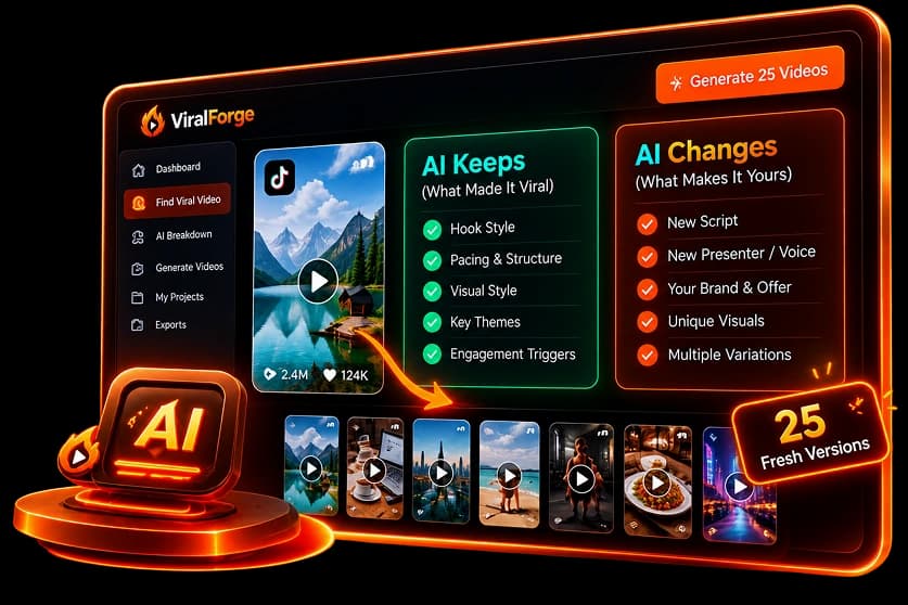 Official ViralForge AI illustration showing a reference format, new script and presenter, and multiple video versions