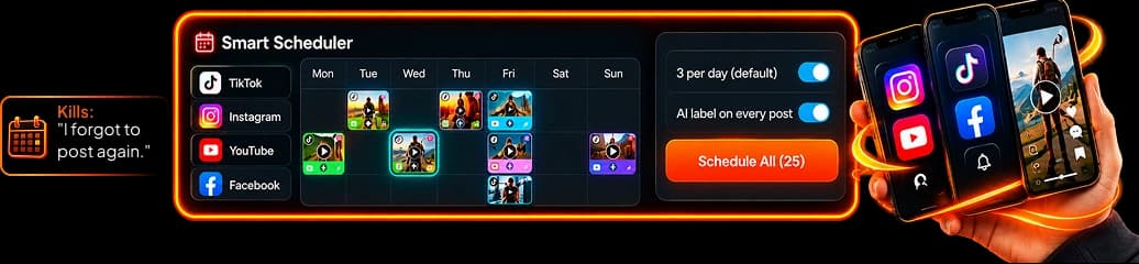 Official ViralForge Smart Scheduler promotional calendar showing video slots and the three-per-day default control