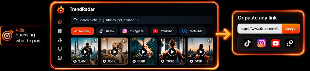 Official ViralForge TrendRadar illustration showing a niche search and a field for analyzing a source-video link
