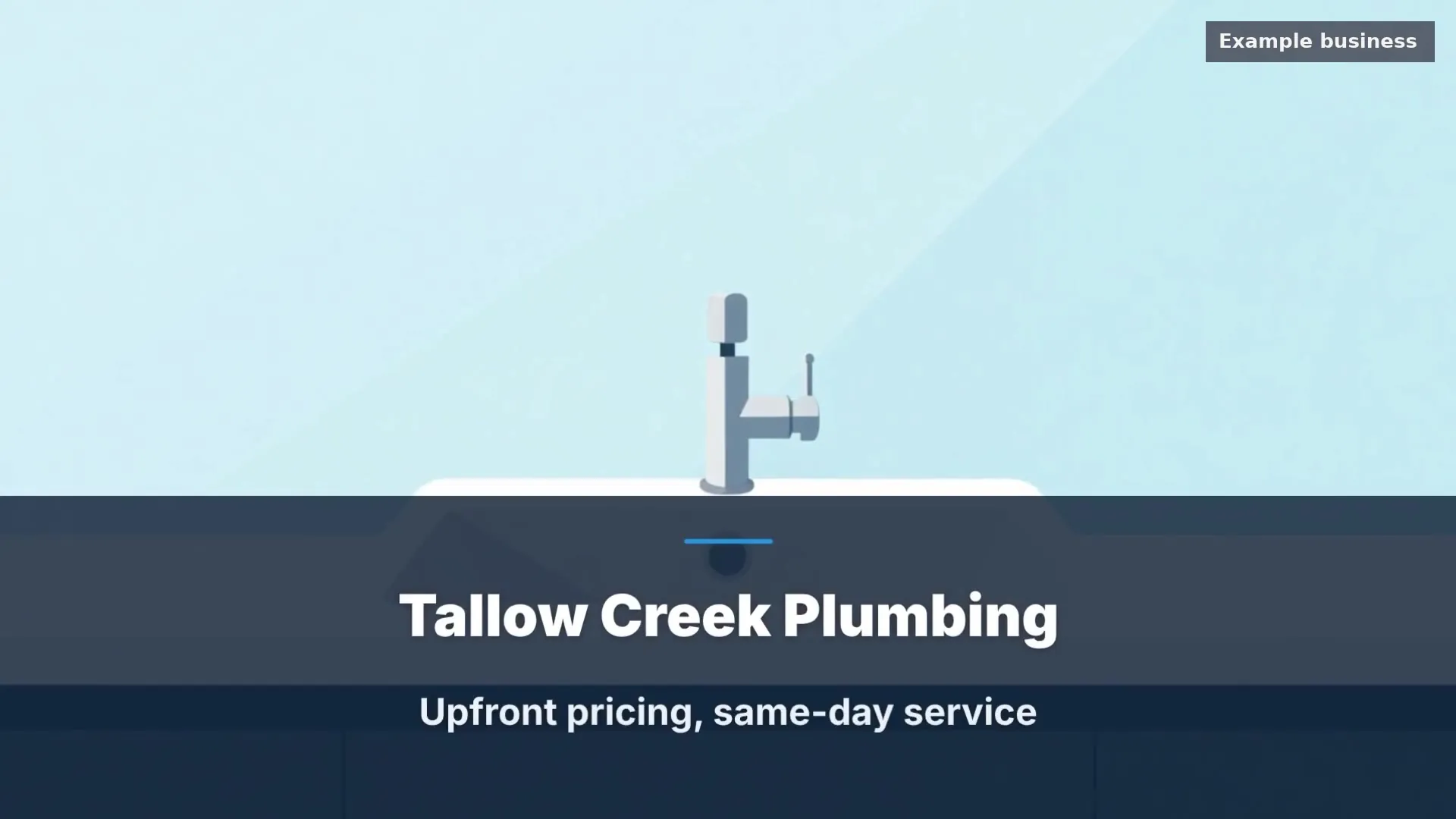 Explaindio 5 AI finished video example showing the fictional Tallow Creek Plumbing title and Example business label