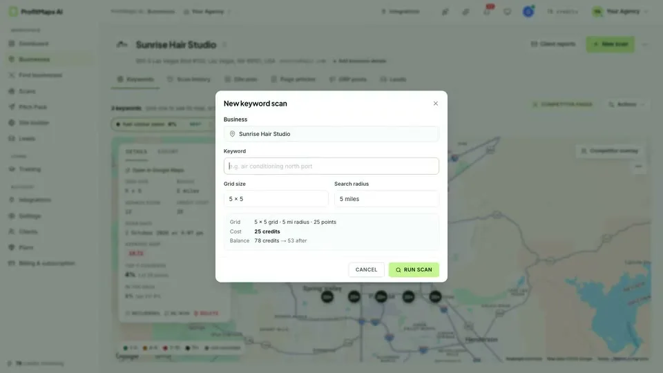 ProfitMaps AI vendor scan setup showing a 5 by 5 grid, 5 mile radius and 25 credit cost example
