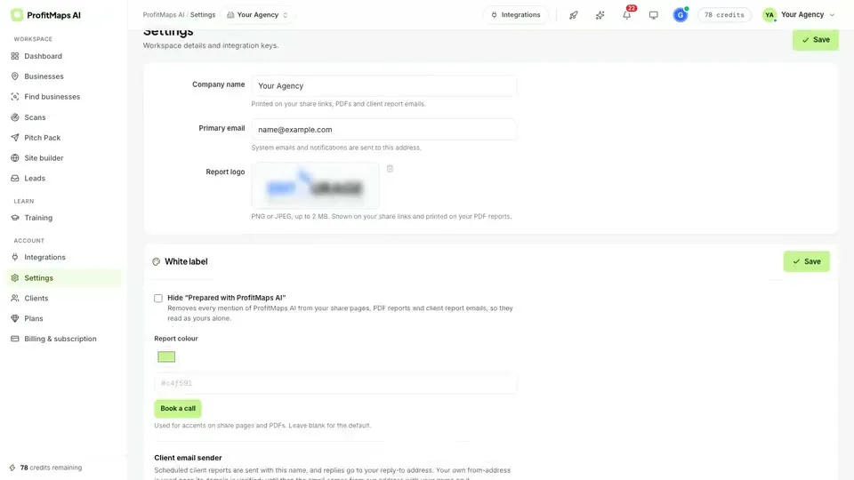 ProfitMaps AI vendor demonstration of Pro report branding, company name, logo and software attribution settings