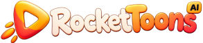 RocketToons official orange and red wordmark with rocket play symbol